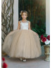 Beaded Straps Ivory Lace Champagne Tulle V Back Flower Girl Dress